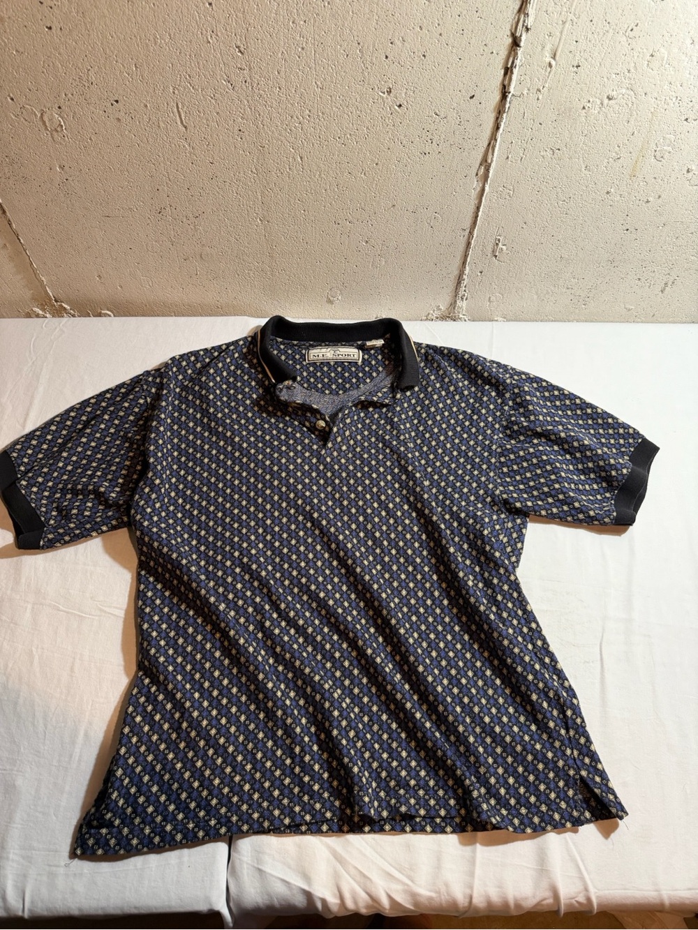 Vintage M.E. Sport Polo Shirt Mens Large Blue Geometric Diamond Print 90s Golf